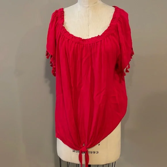 Dress barn tie front tassel sleeve blouse in red - Picture 2 of 8